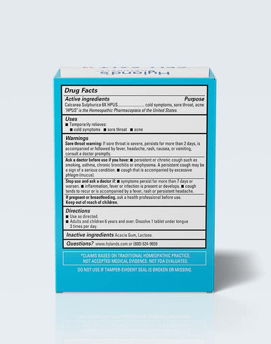 Hyland's Cold Relief, s Cell Salts #3 Calcarea Sulphurica 6X Tablets, Homeopathic Relief of Colds, Sore Throat, Acne, 100 Count