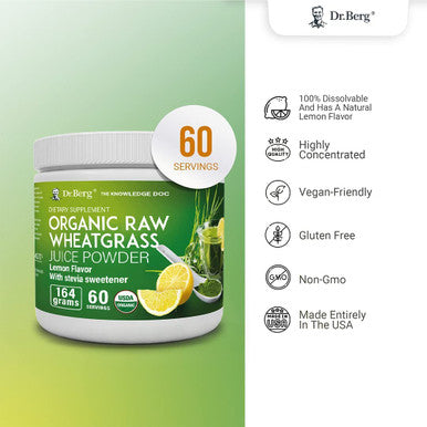 Dr. Berg's Raw Wheatgrass Juice Powder (60 Servings) - USDA Organic Wheatgrass Powder w/ Chlorophyll, Trace Minerals & Natural Enzymes - Ultra-Concentrated - Lemon Flavor w/ Stevia 1 Pack