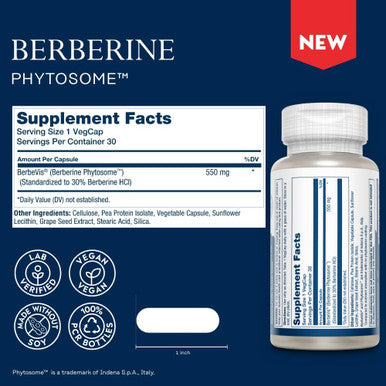 Solaray Berberine Phytosome - 9X Absorption And Easy-To-Digest - Standardized To 30% Berberine Hcl - Vegan, Made Without Soy - 60-Day - 30 Servings, 30 Vegcaps
