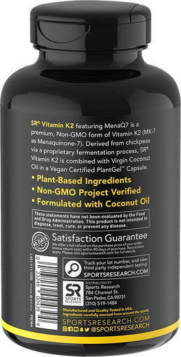 Vitamin K2 as MK7 with Organic Coconut Oil Vitamin K Supplement Made with MenaQ7 from Fermented Chickpea NonGMO Verified Vegan 60 VeggieSoftgels