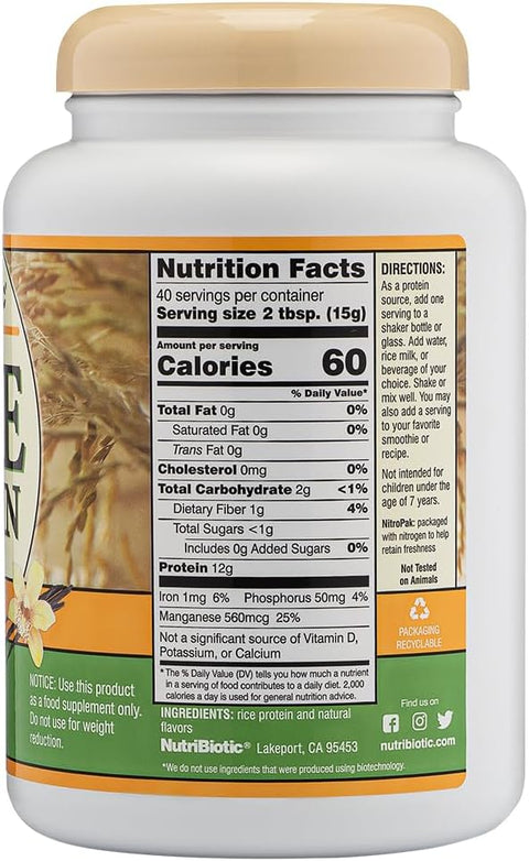 Nutribiotic â€“ Vanilla Rice Protein 1 Lb 5 Oz (600G) Low Carb Keto-Friendly Vegan Raw Protein Powder Grown & Processed Without Chemicals Gmos Or Gluten Easy To Digest & Nutrient-Rich