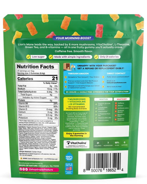 Drops Of Nature Mushroom Focus Gummies Lions Mane Turkey Tail L-Theanine Choline Green Tea Extract Vegan Mushroom Superfood Blend With B-Vitamins B6 And B12 (Mixed Fruits 75 Gummies)
