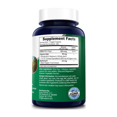 NusaPure Sea Kelp Iodine 325 Mcg Per Capsule with Bioperine. 200 Veggie Capsules (Non-GMO & , Made with Organic kelp)