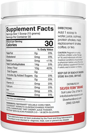 Silver Fern Tino Natural Gluten Free Prebiotic Fiber Supplement - With Tart Cherry Extract & Polycan Black Yeast Extract - Non-Gmo, Water Soluble Fiber Powder Mix (1 Canister - 15.9 Oz)