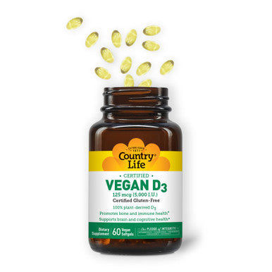 Country Life Vegan D3 5000 Iu 60 Softgels Certified Gluten Free Certified Vegan