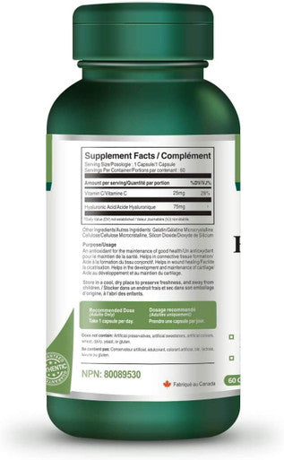 Hyaluronic Acid 75mg with Vitamin C 60 Capsules Supplement for Skin and Joints Alternative to Serum (1 Bottle)