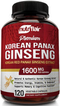 NutriFlair Korean Red Panax Ginseng 1600mg 120 Vegan Capsules High Potency Ginseng Root 5% Ginsenosides Extract Powder Supplement Energy Focus Vigor Performance Pills for Women and Men Non-GMO