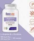 L-Arginine L-Ornithine 500-250 (120 Vegetarian Capsules) - No Stearates - No Fillers - Vegan - Non GMO - Gluten Free - No Calcium Silicate
