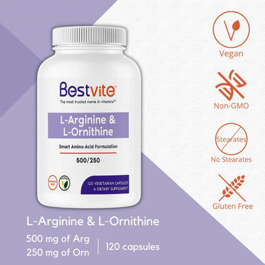 L-Arginine L-Ornithine 500-250 (120 Vegetarian Capsules) - No Stearates - No Fillers - Vegan - Non GMO - Gluten Free - No Calcium Silicate