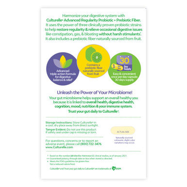 Culturelle Advanced Regularity Probiotic Prebiotic Fiber Helps Restore Regularity and Reduce Occasional Constipation Gas and Bloating Gluten Free NonGMO 30 Count Multi