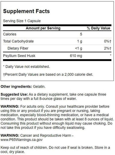 Swanson Psyllium Husk Dietary Fiber Supplement 610 mg 300 Capsules