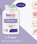 L-Proline 500mg (240 Vegetarian Capsules) (120 x 2) - No Stearates - No Fillers - Vegan - Gluten Free - Non GMO