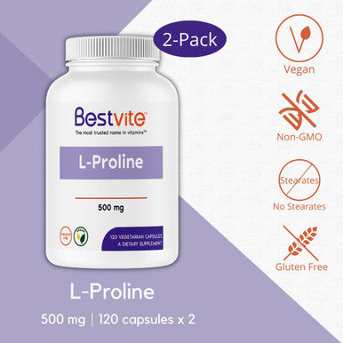 L-Proline 500mg (240 Vegetarian Capsules) (120 x 2) - No Stearates - No Fillers - Vegan - Gluten Free - Non GMO