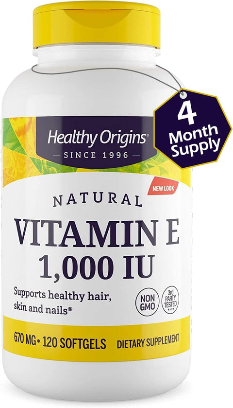 Healthy Origins Vitamin E 1000 IU (Natural) Mixed Tocopherols Vitamin E Supplement GlutenFree and NonGMO Skin Hair and Nails Vitamin 120 Softgels