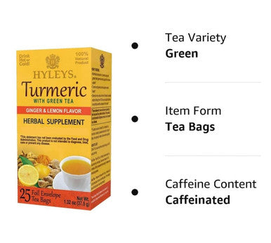 Hyleys Turmeric with Green Tea Ginger & Lemon Flavor - Natural Antioxidant Blend - 25 Tea Bags