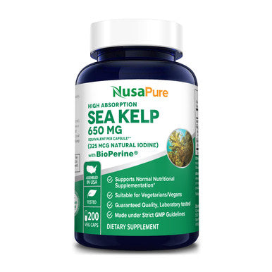 NusaPure Sea Kelp Iodine 325 Mcg Per Capsule with Bioperine. 200 Veggie Capsules (Non-GMO & , Made with Organic kelp)