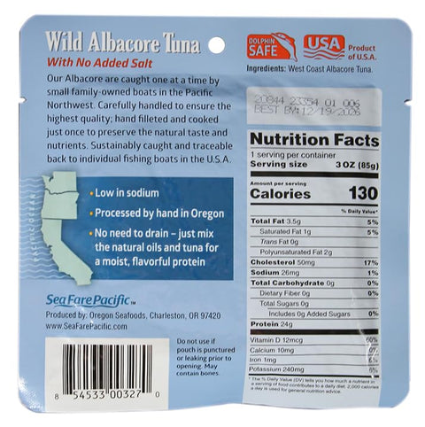 Sea Fare Pacific Wild Caught Albacore Tuna No Salt Sport Pouch 3 oz(Pack of 12)