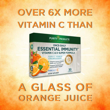 Essential Immunity Once Daily Vitamin C D Super Formula by Purity Products 500 mg PureWayC 1000 IU Vitamin D3 Citrus Bioflavonoids Rose Hips Extract Rutin More 30 Caps Box