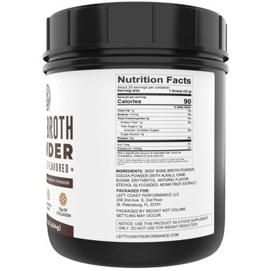 Left Coast Performance Chocolate Bone Broth Protein Powder - 100% Grass Fed Beef Bone Broth with 16g Protein & 13g Collagen per Serving - Great for Shakes & Hot Chocolate - Keto Friendly Low Carb & Non-GMO (1lb Tub)