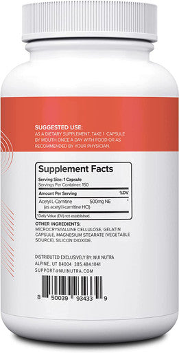 Nui Nutra Acetyl L-Carnitine Supplement | 500mg | 150 Capsules | Energy Production Support | Brain & Nerve Support | Promotes Metabolism | for Men and Women