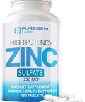 P Puregen Labs Zinc 220Mg [High Potency] Supplement Zinc Sulfate For Immune Support System 100 Tablets