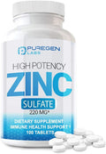 P Puregen Labs Zinc 220Mg [High Potency] Supplement Zinc Sulfate For Immune Support System 100 Tablets
