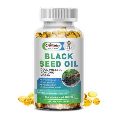 Alliwise Black Seed Oil Softgel, Cold Pressed Black Cumin Nigella Stiva With Irish Sea Moss, Quercetin With Bromelain, Elderberry Extact Enhanced Absorption, Antioxidant, Skin & Hair, Immune Health Support