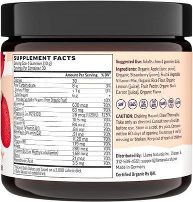 Llama Naturals Multivitamin for Women Vegan Organic Gummies with Vitamin D C and K Women's Real Fruit Gummy Vitamins Chewable Multivitamin Supplement No Added Sugar Cane Strawberry 120 Ct