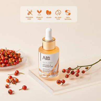 Anai Rui Squalane + Vitamin E Rosehip Oil Moisturizer For Face Hydrate, Reduce Scars And Stretch Marks, Wrinkles For Smoother, Softer Skin 1 Fl. Oz