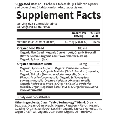 Garden of Life Organic Vitamin D - mykind Organics Vegan D3 Chewable - Raspberry Lemon, 2,000 IU (50mcg) Whole Food Vitamin D3 from Lichen Plus Food & Mushroom Blend, Gluten Free, 30 Chewable Tablets