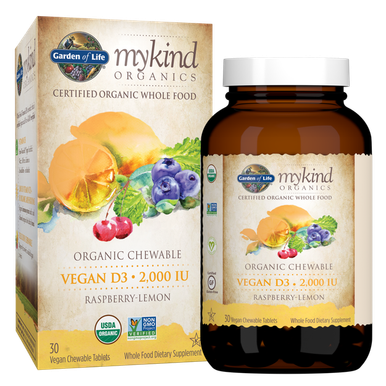 Garden of Life Organic Vitamin D - mykind Organics Vegan D3 Chewable - Raspberry Lemon, 2,000 IU (50mcg) Whole Food Vitamin D3 from Lichen Plus Food & Mushroom Blend, Gluten Free, 30 Chewable Tablets
