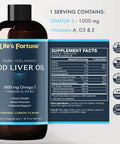 Life's Fortune Organic Cod Liver Oil Liquid Lemon Flavor Supplement - High Potency Fish Oil Omega 3 DHA & EPA, Vitamin A E & D3 - Immune Health Joints GMO Free 1000 mg (16 Oz)