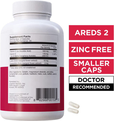 Viteyes AREDS 2 Zinc Macular Health Formula Capsules Natural Vitamin E No Zinc No Copper Eye Vitamin Smaller Capsules Vision Protection 180 Capsules