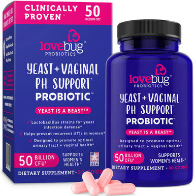 LoveBug Probiotics Complete Women's Health 50 Billion CFU Vaginal Care and pH Balance Probiotic Proven Ingredients with Pacran Promotes Urinary Tract Health Advanced Strength 30 Capsules