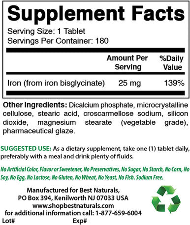 Best Naturals Iron Supplement (Iron Bisglycinate) - 25mg - 180 Tablets - Gentle of Stomach - Non-Constipating