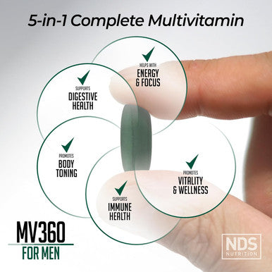 Nds Nutrition Mv360 For Men, 5-In-1 Complete Multivitamin For Men With Essential Mens Vitamins For Energy, Digestion, Toning, Immune Support, And Mens Health & Vitality, 60 Tablets, 30 Servings