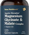 Tahoe Nutritionals Magnesium Glycinate and Malate Complex with Vitamin D3 120 Capsules Superior Absorption NonGMO and Gluten Formula