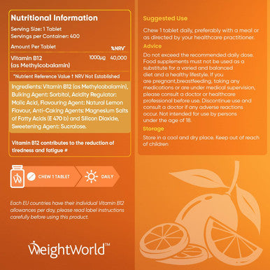 Weightworld Vitamin B12 High Strength 1000mcg - 1+ Year Supply - 400 Chewable & Vegan Vitamin B12 Tablets - Sugar- Methylcobalamin - Vit B12 Supplement for Tiredness & Fatigue - Lemon Flavour - Made in The UK