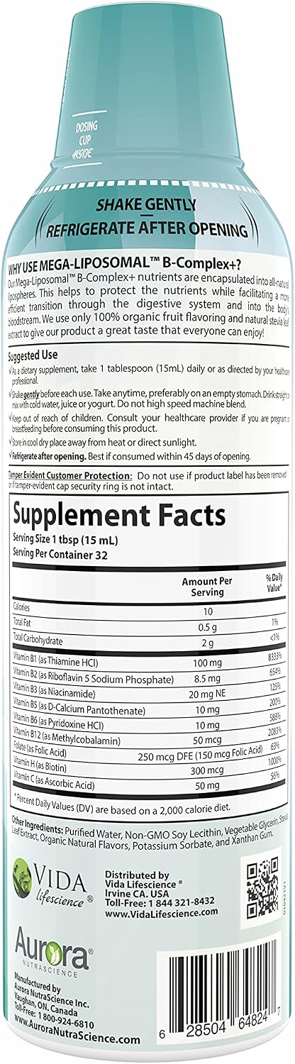 Aurora Nutrascience MegaLiposomal BComplex + Vitamin C Supports Energy Immune and Nervous System Health Gluten NonGMO SugarFree Orange Flavor 10 Single Serve Packets