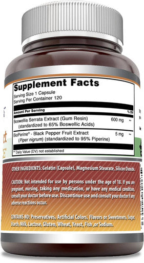 Amazing Nutrition Formulas Boswellia Extract with Bioperine 600 Mg per Serving 120 Capsules Supplement | Non-GMO | Gluten | Made in USA