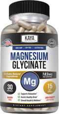 Kaya Naturals Magnesium Glycinate 183mg per Caps Chelated for Maximum Absorption NonGMO NO Gluten Dairy and Soy Supports Muscle and Heart Health 30 Count