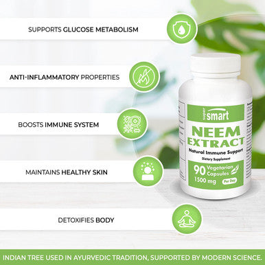 Supersmart Neem Extract 1500 mg Per Day Azadirachta Indica Extract Boost Immune System Anti Inflammatory Supplement NonGMO Gluten Free 90 Vegetarian Capsules