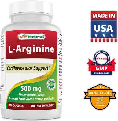 Best Naturals L-Arginine 500mg 250 Capsules - Pharmaceutical Grade L Arginine supplement promotes nitric oxide synthesis