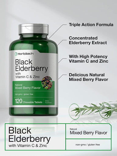 Elderberry, Zinc, Vitamin C Chewable Tablets | 120 Count | Immune Support Complex | Vegetarian, Non-GMO, and Gluten Free | by Horbaach