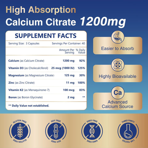 NATURE TARGET Calcium Citrate 1200mg 120 Capsules Healthy Bone and Immune Support High Absorption Cal Citrate for Women and Men Gentle on Digestion Gluten Free
