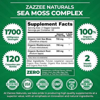 Zazzee Extra Strength Organic Sea Moss Complex, 1700 mg, 100% Organic Ingredients, 120 Vegan Capsules, with Organic Bladderwrack and Organic Burdock Root, Vegan, Non-GMO and All-Natural