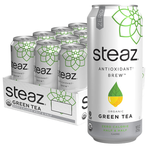 Steaz Organic Green Tea Zero Calorie Raspberry (12 Pack) Antioxidant Brew 65mg Natural Caffeine Vitamin C Stevia Sweetened Iced Tea Vegan Fair Trade 12 Cans 16 fl oz (473mL)