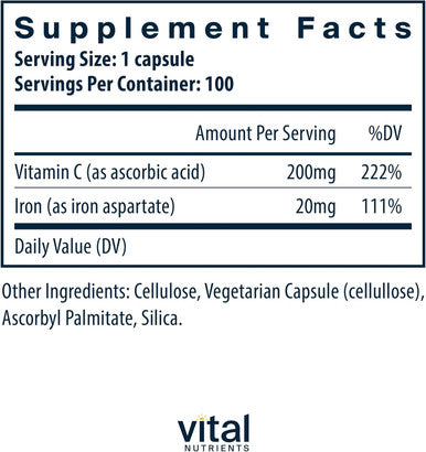 Vital Nutrients Iron Plus C | Vegan Iron Supplement | 20mg Iron with 200mg Vitamin C to Increase Iron and Energy Levels | Gluten Dairy Soy | Non-GMO | 100 Capsules