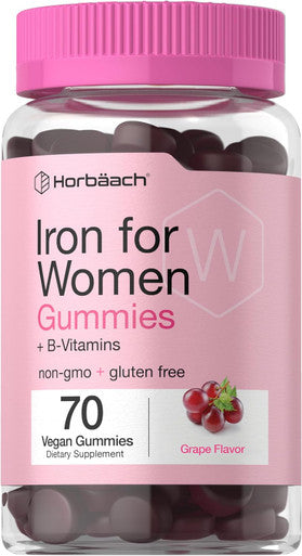 HorbAach Iron Gummies For Women Supplement With B Vitamins 70 Count Grape Flavor Vegan, Non-Gmo & Gluten Free