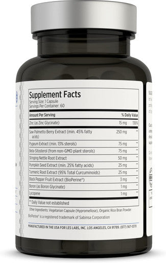 Les Labs Prostate Health Prostate Support, Urinary Tract Health, Fewer Bathroom Visits & Improved Sleep Saw Palmetto, Pygeum, Beta Sitosterol & Nettle Root Non-Gmo Supplement 60 Capsules